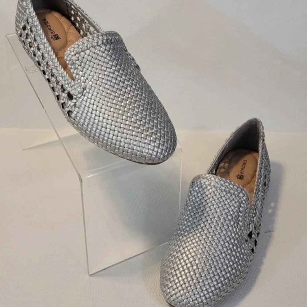 Birdies Silver Handwoven Vegan Leather Starling Loafer Flats - Picture 2 of 11